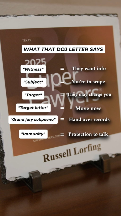 Got a letter from the federal government?

Don't assume ""witness"" means you're completely in the clear - or that a ""target"" letter means charges are already filed.

The language matters, and so does how you respond.

Before you reply, talk to federal counsel.

#FederalCriminalDefense #FederalInvestigation #DOJ #GrandJury #KnowYourRights #WestTexas #KeithAndLorfing