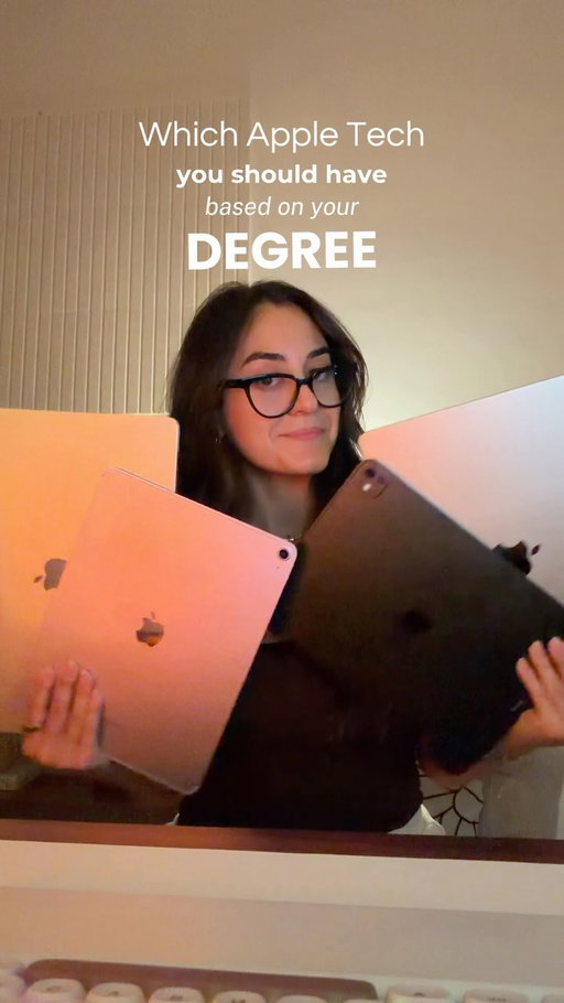 In my opinion, this is what you should have/get based on your uni degree and here’s why:

iPad Air: lots of reading, note-taking, presentations, and everyday coursework.

iPad Pro: for handwritten notes, diagrams, annotation, and creative work.

MacBook Air: For all the research, writing, multitasking, and all-day portability.

MacBook Pro: Great for coding, rendering, editing, simulations, and demanding software 

Don’t forget that Apple has back to school offers so take advantage of that!!🤍🎧
