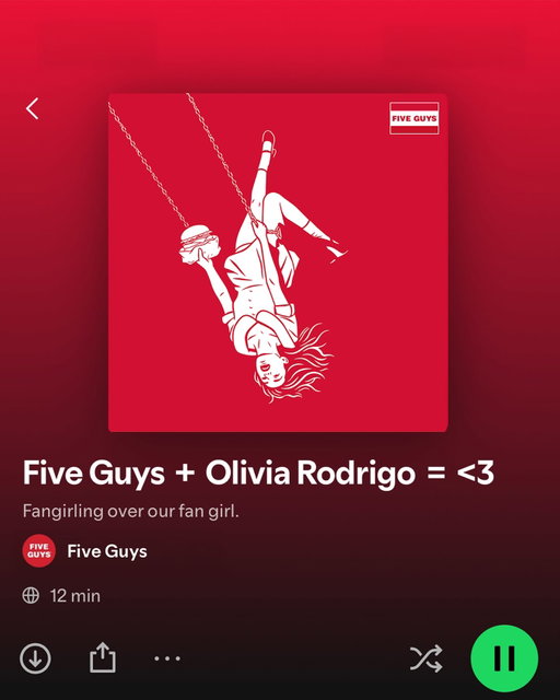 “After every important show that I do, whether it’s the Grammys or SNL dressing rooms, I always get a Five Guys cheeseburger.” – @oliviarodrigo 
 
Olivia shouted us out, so naturally we HAD to make her a playlist💓