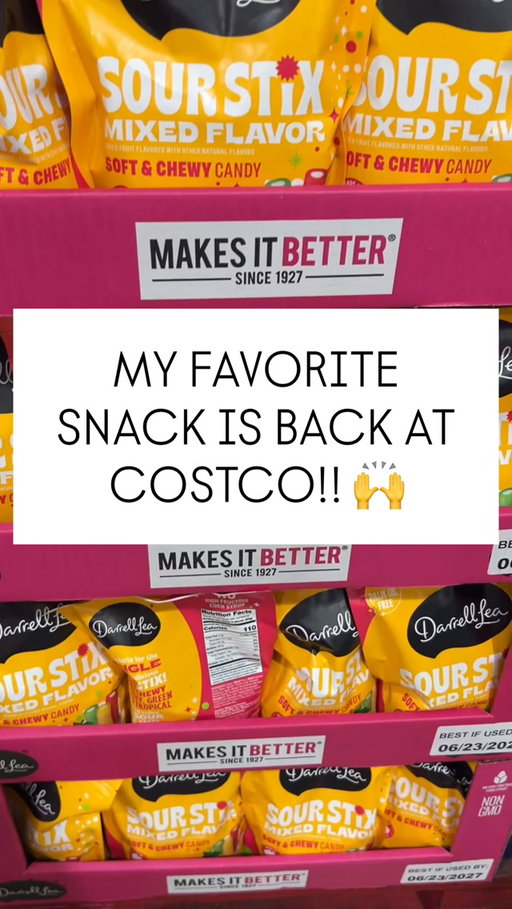 MY FAVORITE CANDY IS BACK AT COSTCO! 🍬🙌

I tried Darrell Lea Sour Stix for the first time last year and, in typical Costco fashion, definitely didn’t stock up enough before they disappeared. 😂 So when I spotted them back at Costco, I got VERY excited and stocked up this time!

They’re deliciously soft and chewy with Raspberry, Green Apple & Tropical flavored stix with a sour filling. SO GOOD! 🤤

If you see them at your Costco, GRAB THEM while you can! 👀

@darrellleausa 
#DLMakesItBetter #DarrellLeaUSA #PalmOilFree #CostcoFinds #ad