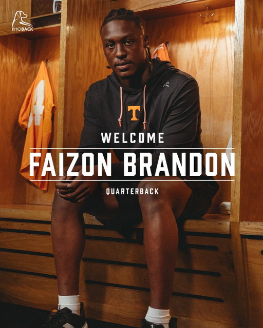 We’re excited to announce Tennessee QB Faizon Brandon is joining the Rhoback U family for the 2026 season.
 
The 2025 North Carolina Gatorade Player of the Year arrives in Knoxville as a five-star true freshman and one of the nation’s top overall prospects, bringing a dynamic dual-threat skill set and his sights set on a big role for the Vols. 
 
Faizon is ready to take the next step, make his mark on Rocky Top and we couldn’t be more proud to be a small part of his team. We can’t wait to see what’s ahead for him.
 
Welcome to Rhoback U, @imjust.faizon_ . 🍊