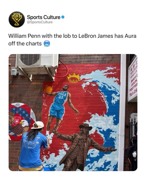 This is so sick 🔥👀

The mural shows William Penn, one of the most recognizable symbols of Philadelphia, throwing a lob to LeBron James. Penn is positioned like a basketball player tossing the ball into the air, while LeBron is soaring toward the rim to finish the alley oop. It mixes Philadelphia’s history with basketball culture in a really creative way.

LeBron is wearing a blue Philadelphia No. 23 jersey, making the mural look like an alternate reality where one of the greatest players ever represents Philly. The giant 76ers style logo in the background makes the connection even stronger, while the crown above LeBron represents his “King James” nickname and legendary status.

The coolest part is the symbolism. William Penn represents the foundation and history of Philadelphia, while LeBron represents modern basketball greatness. Having Penn literally lob the ball to LeBron makes it feel like Philadelphia itself is welcoming the King to the city, which gives the mural an insane amount of aura.