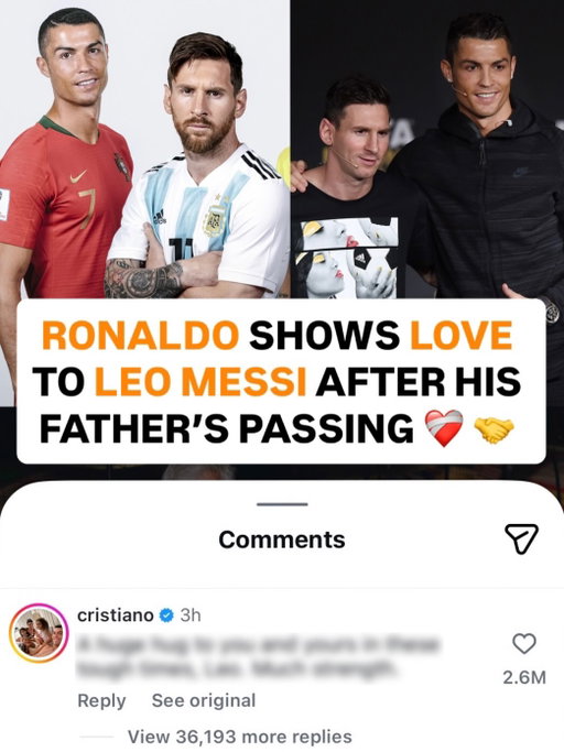 Cristiano Ronaldo sent his condolences to Lionel Messi after the loss of his father ❤️

“A huge hug to you, in these tough times, Leo,” Ronaldo commented on Messi’s Instagram post. “Much strength.”

Messi’s father Jorge passed away on August 8. He was 68 years old 🕊️