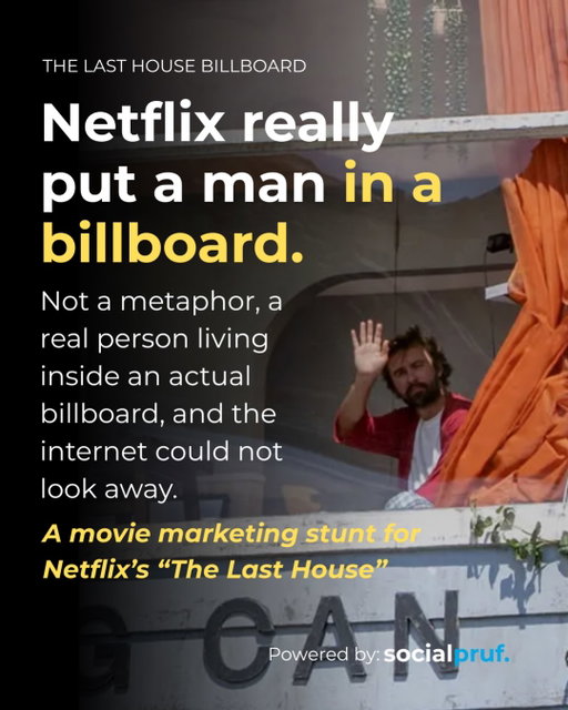 @netflix really put a man in a billboard for 3 days. 🏠📺 No screen needed, people stopped their cars just to see if it was real. 👀

Swipe to see how far it actually spread across social media. ➡️

📊 Follow @getsocialpruf for more marketing breakdowns like this, or book a demo (link in bio) to track your own campaigns 🔗

#thelasthouse #netflix #marketingstunt #ooh #socialmediaanalytics