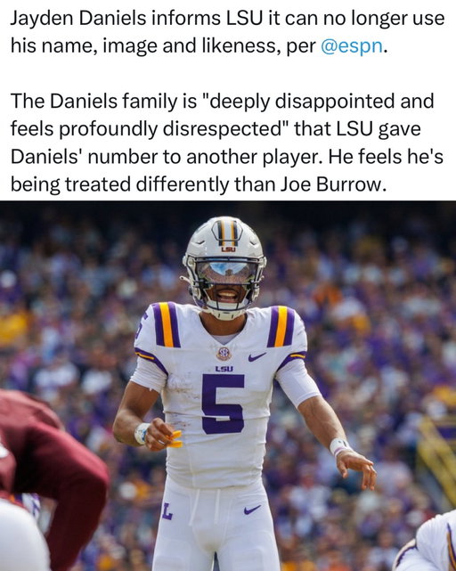 Jayden Daniels informs LSU it can no longer use his name, image and likeness, per ESPN

The Daniels family is “deeply disappointed and feels profoundly disrespected” that LSU gave Daniels’ number to another player. He feels he’s being treated differently than Joe Burrow.