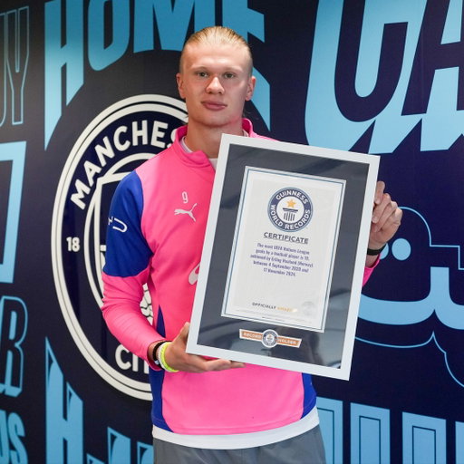 With the new season about to kick off, multiple record holder Erling Haaland has been presented with certificates recognising his extraordinary football career highlights so far ⚽🏅
 
• Most UEFA Nations League goals by a football (soccer) player - 19
 
• Fastest time to score 100 goals in the football English Premier League - 111 games
 
• Most goals by a football player in an English Premier League season (38 games) - 36
 
• Most goals scored in a UEFA Champions League match - 5 (a title shared with Lionel Messi and Luiz Adriano)
 
What records could he break next? See @erling in the Guinness World Records Football Edition 2027, out on October 8th and available for pre-order now!