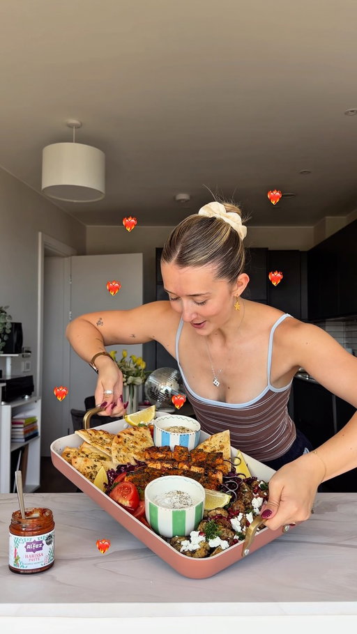 ad summer does NOT NEED A BBQ DIVAS !! ✨
…my 45 minute Mediterranean platter of DREAMZZZ made perfect with @alfezuk xxx

🥙 GRILLED HARISSA TOFU KEBABS
🌿 HERBY POTATOES WITH POMEGRANATE & FETA
💜 RED CABBAGE
🍅 TOMATO SALAD
🧄 GARLIC BUTTER FLATBREADS
✨ HUMMUS & TZATIKI 

This is one to impress your girlies & it’s so quick and easy that you could even offer to host… MIDWEEK. I KNOW! Al’fez is key to bringing summer energy to this plate so stock up on that harissa paste & get cooking queenies 💛

Details below…👩🏼‍🍳👩🏼‍🍳👩🏼‍🍳👩🏼‍🍳

GRILLED HARISSA TOFU KEBABS:

🥙 Pat dry & dice up extra firm tofu - marinade in 2tbsp of yoghurt & 2tsp of Al’Fez Harissa Paste & give it a good shake. Set aside for as long as possible & then thread onto skewers. 

🥙 Before popping under the grill, drizzle with a little olive oil and lightly brush some additional harissa paste over them. Grill for around 10 minutes before flipping. 

🥙 Once cooked, combine melted butter with a little more harissa paste and brush over the skewers. Finish with dried parsley. 

HERBY POTATOES WITH POMEGRANATE & FETA:

🌿 Dice up baby potatoes, drizzle with olive oil and season with parsley, mint, dill, salt, pepper & garlic. 

🌿 Air fry for 30 minutes and then dress with crumbled feta, pomegranate seeds & fresh parsley. 

RED CABBAGE:

💜 Shred red cabbage. Create a dressing of: 4tbsp Olive Oil, 2tbsp Red Wine Vinegar, Salt & Pepper, Juice of 1/2 Lemon - cover the cabbage, mix well & set aside until ready to serve.

TOMATO SALAD:

🍅 Slice up good quality tomatoes & season generously with salt & pepper. Dress with olive oil & balsamic vinegar. Set aside until ready to serve.

GARLIC BUTTER FLATBREADS

🧄 Splash with water & pop Al’Fez Flatbreads into the oven for 2-3 minutes. Brush with melted garlic butter whilst warm & cut into triangles. 

HUMMUS & TZATIKI:

✨ Don’t be shy on your servings divas.

See, no BBQ needed this summer -  what are you making under your grill !! XX