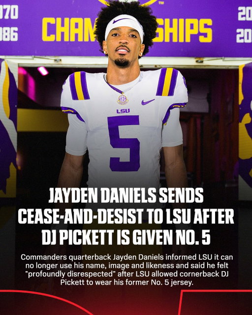 Jayden Daniels and LSU are at odds over the No. 5 jersey.

Daniels’ representatives sent LSU a cease-and-desist after sophomore DJ Pickett was allowed to wear No. 5 this season.

While Daniels’ jersey has not been retired by LSU, Pickett is the first player to wear No. 5 since Daniels left for the NFL.