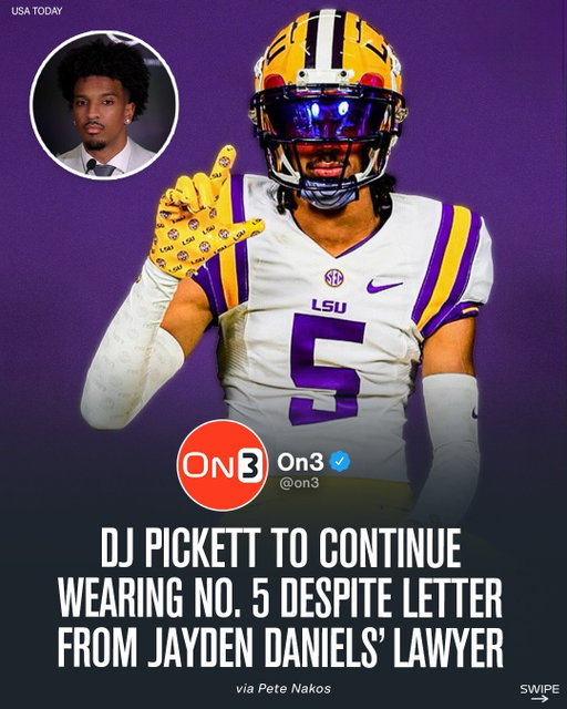 LSU CB DJ Pickett is currently expected to continue wearing No. 5 despite a letter from Jayden Daniels’ attorney to the school, @petenakos.on3 reports.

The letter informed LSU that it can no longer use Daniels’ name, image or likeness because Pickett was allowed to wear the number.

Follow @On3 for the BEST of College Sports