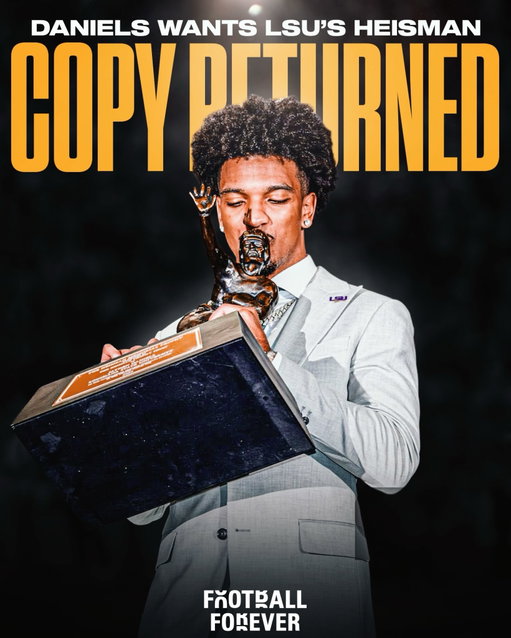 BREAKING: Commanders QB Jayden Daniels and his camp have requested that LSU return its copy of the Heisman Trophy 🚨

Daniels, who informed LSU it can no longer use his name, image, and likeness after feeling "profoundly disrespected" by the school's process of issuing his No. 5 jersey to cornerback DJ Pickett, no longer wants his Heisman Trophy replica on display at the campus. 

However, LSU has no plans to return the trophy and is undecided to what degree it will comply with the cease and desist, noting it is not a legally binding document.

LSU head coach Lane Kiffin has also spoken with Daniels’s representative directly about the matter. 

Pickett was a five-star cornerback when he signed with LSU out of Florida in the class of 2025, and his signing with LSU was contingent upon wearing No. 5. It was a stipulation discussed with all three of his finalists, including Oregon and Miami. He has worn No. 5 every year of his football career until last season.

Pickett took the podium after today's practice to address the Daniels situation and said he will continue to wear No. 5. 

“About the number situation. I wore the number my whole life since I was four years old. It’s the number I was promised," Pickett said. 

Before LSU's fall camp, Daniels was made aware of Pickett wearing No. 5 when promotional photos leaked with Pickett wearing the number, and he didn't appreciate the fact that he wasn't consulted and briefed beforehand. 

(via Matt Moscona)