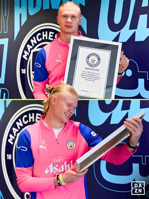 Erling Haaland received multiple certificates from Guinness World Records to recognize his extraordinary football career highlights so far ⚽️🏅🇳🇴

- Most UEFA Nations League goals by a football (soccer) player - 19

- Fastest time to score 100 goals in the football English Premier League - 111 games

- Most goals by a football player in an English Premier League season (38 games) - 36

- Most goals scored in a UEFA Champions League match - 5 (a title shared with Lionel Messi and Luiz Adriano)

@DAZNFootball | #Haaland | @guinnessworldrecords