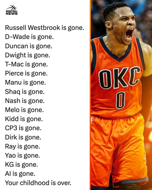 The end of an era..💔💔

It really doesn’t feel real that the Russell Westbrook era is officially over. After 18 NBA seasons, one of the most explosive and entertaining players basketball has ever seen has retired. Westbrook was never just another superstar. The speed, aggression, emotion, dunks, celebrations and complete refusal to take a possession off made him feel different from everybody else. For an entire generation, seeing Russ flying down the court at full speed was simply part of watching the NBA. 

What makes his retirement hit even harder is realizing just how much basketball history we watched him make. Westbrook finished as the NBA’s all-time triple-double leader with 209, won the 2017 MVP, made nine All-Star teams and became the first player since Oscar Robertson to average a triple-double for an entire season before eventually doing it four times. There were years where putting up 30 points, 10 rebounds and 10 assists almost became normal for him, which is ridiculous considering how impossible those numbers seemed before his prime. 

Now the league officially moves forward without Russell Westbrook, and another huge piece of the era so many fans grew up watching is gone. He never got the championship that would’ve completed his résumé, and his style created plenty of debates, but nobody can erase what prime Russ was. He played basketball with an intensity that made every game feel personal, and there probably won’t ever be another player who does it exactly like him. The Brodie era is over, and basketball is going to feel a little different without him.
