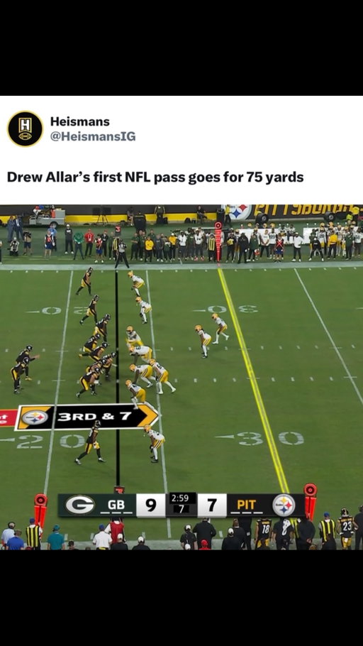 Drew Allar’s first NFL pass went for 75 yards 👀

Drew Allar finished his Penn State career with 7,402 passing yards, 61 touchdowns and 13 interceptions, completing 63.2% of his passes across 45 games. He also rushed for 732 yards and 12 touchdowns. His best statistical season came in 2024, when he threw for 3,327 yards, 24 touchdowns and 8 interceptions while completing 66.5% of his passes. His 2025 season was cut short after six games due to injury. 

(@nfl)