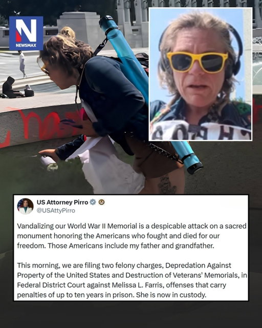 BREAKING: Melissa L. Farris is in custody and facing two federal felony charges, which carry penalties of up to 10 years in prison, in connection with the vandalism of the World War II Memorial, U.S. Attorney Jeanine Pirro announced Friday.