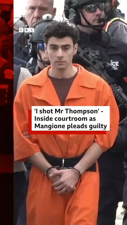 Luigi Mangione pleads guilty to federal charges in connection with the fatal shooting of healthcare boss Brian Thompson.
 
The 50-year-old father-of-two was shot in the back as he left his hotel in New York in 2024. 
 
Mangione, 28, still faces a separate state trial over Thompson's death; he previously pleaded not guilty to those charges. 
 
Tap the link in @BBCNews’s bio to learn more. 
 
#BBCNews