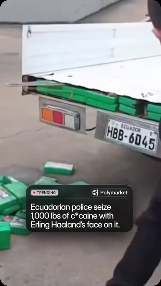 Ecuadorian police seized 1,000 pounds of c*caine at the Colombian border, with the packages branded with Erling Haaland’s face and name.

Haaland is not believed to be a suspect, but the branding has drawn widespread attention as the Norwegian striker is one of the most recognizable athletes in the world.

Traders predict a 12% chance Erling Haaland is the #1 searched person on Google in 2026.