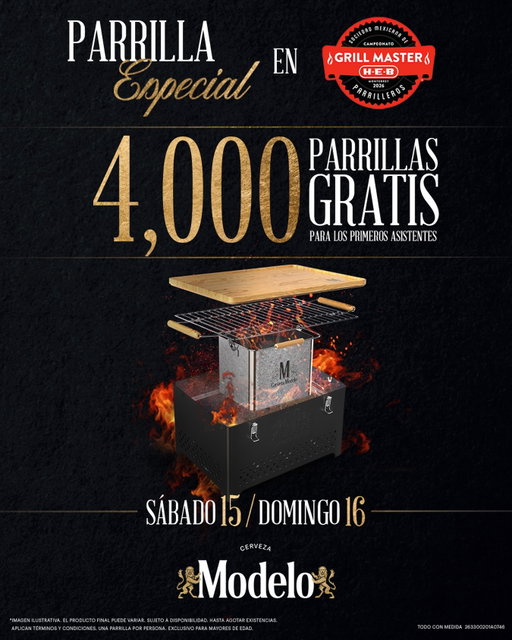 Grill Master y Cerveza Modelo tienen algo especial para ti. 👀🔥 Los primeros 2000 asistentes por día podrán llevarse una parrilla. Llega antes y pregunta por la tuya. #ModeloLoHaceEspecial
 
TyC en link de bio.
