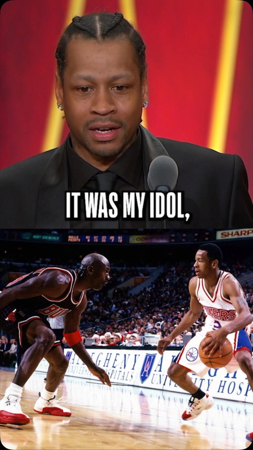 “You wanna be fast like Isiah, and you wanna shoot like Bird... rebound like Barkley. Pass like Magic. Be dominant like Shaq... but man, I just wanted to be like Mike.” @theofficialai3 recalled the first time he played against his idol, Michael Jordan in his 2016 @hoophall enshrinement speech 🥹