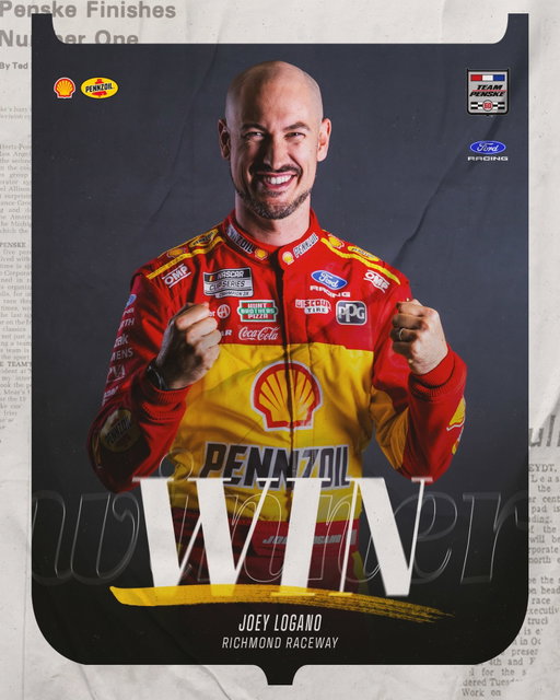 He strikes again. 

@joeylogano wins in Richmond!