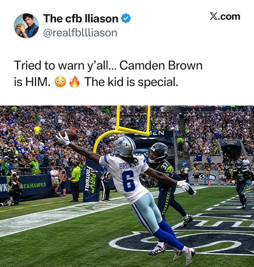 Could Camden Brown become a breakout rookie in this years draft class? 🤔

Camden Brown is starting to turn heads in Dallas. The rookie wide receiver has the size, athleticism, and physicality to make an impact in the Cowboys’ offense, and every rep is another opportunity to show why the team brought him in. Brown may be a rookie, but he is playing like someone who expects to earn his spot.

The Cowboys have plenty of competition at wide receiver, which makes Brown’s development even more important. If he continues making plays and proving he can be trusted, Dallas could have another young weapon emerge before the season gets underway. Keep an eye on No. 6.