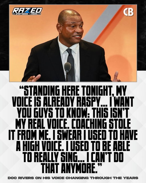 Doc Rivers — during his Hall of Fame speech — on his voice changing through the years: 

“Standing here tonight, my voice is already raspy… I want you guys to know: this isn’t my real voice. I swear I used to have a high voice. I used to be able to sing… I can’t do that anymore.” 

Doc looked genuinely sad that he can’t sing anymore 😂🗣️