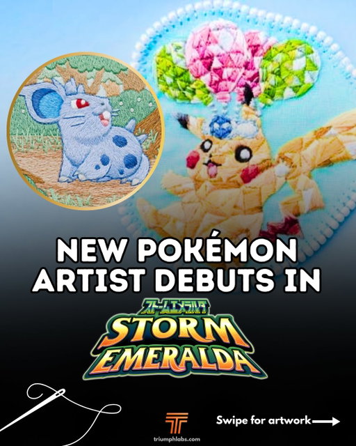 A NEW POKÉMON TCG ARTIST HAS ARRIVED! 🪡

Japanese embroidery artist tayu has officially made their Pokémon TCG debut with Nidoran♀ 041/076 from Storm Emeralda 🇯🇵

Rather than traditional drawing or digital illustration, tayu creates Pokémon artwork through embroidery, building scenes with colored thread. Their stitched style gives the artwork a texture unlike almost anything else in the TCG 🧵

But this isn’t tayu’s first connection to Pokémon…
In the Pokémon Trading Card Game Illustration Contest 2024, tayu’s embroidered Feraligatr was selected as a First Runner-Up from an incredible 10,830 entries. The official judges specifically praised the full-surface embroidery, thread color gradients, and the warmth created by the medium 🐊

Now that contest success has turned into an official TCG credit, with Nidoran♀ becoming tayu’s first Pokémon card illustration. Storm Emeralda released in Japan on July 31, 2026.

Which Pokémon would you want to see tayu illustrate next? 💬

Price referenced on August 16, 2026 using @getcollectr and may be subject to change.

#pokemontradingcards #pokemontcg #pokemoncommunity #pokemonartist