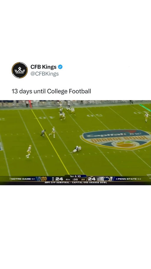 In 2024, Notre Dame and Penn State gave us one of the best endings ever to a CFP Semifinal game.

Notre Dame trailed 10-0 early, but battled back and things were eventually tied 24-24 with just under 0:40 seconds remaining.

It looked like Penn State was going to have the opportunity to put together a quick drive and get into field goal range… until they threw a disastrous interception at their own 42-yard line.

The Irish got the ball and then did exactly what the Nittany Lions were hoping to do, made a couple plays to get into field goal range, and kicked a game-winning 41-yard field goal to punch their ticket to the National Championship game.

There were four lead changes, all taking place after double-digit scoring runs:
• Penn State led 10-0
• Notre Dame scored 17 straight to lead 17-10
• Penn State scored 14 straight to lead 24-17
• Notre Dame scored 10 straight to win 27-24

(👉 Follow @cfbkings for more)