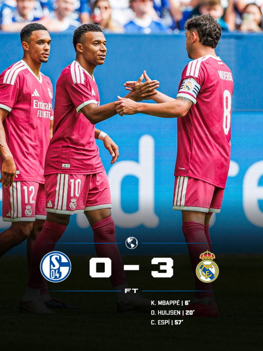 𝐑𝐄𝐀𝐋 𝐀𝐑𝐄 𝐎𝐍 𝐀 𝐌𝐈𝐒𝐒𝐈𝐎𝐍: 𝑻𝑰𝑻𝑳𝑬𝑺 ⚪️😈

Pre-season over with a win over Schalke for Jose Mourinho’s Real Madrid as Mbappé, Huijsen and Espí deliver goals 🤩💭

𝑴𝒂𝒅𝒓𝒊𝒅, 𝒄𝒐𝒎𝒊𝒏𝒈 𝒔𝒐𝒐𝒏. 🏆👋🏼