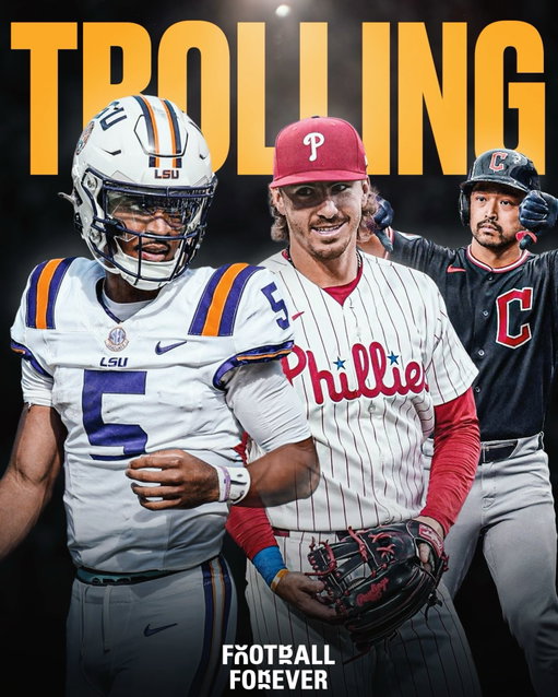 MLB teams have been TROLLING Commanders QB Jayden Daniels over his No.5 jersey dispute with the LSU football program 🤣

After Daniels sent LSU a cease-and-desist amid a dispute involving his likeness, MLB social media teams have been mocking him 🤓

▫️Blue Jays after winning 4-1: "Scored 4 to honour Jayden Daniels' 5." 
▫️Orioles after a two-run HR: "Went from 4 to 6 runs out of respect for Jayden Daniels." 
▫️Phillies after scoring 5 runs: "Make it 5 runs for the Phils in the 5th! (Don't sue us)."
▫️Phillies after a Bryson Stott HR: "BRYSON STOTT WILL NOT CEASE NOR DESIST." 
▫️Guardians after winning by 5: "Won by 5 because we're not scared of Jayden Daniels."
▫️Mets after winning 4-1: "Stopped at 4 out of respect for Jayden Daniels." 
▫️Angels after Gene Simmons threw out the first pitch: "He asked to throw a 5th pitch but we had to say no out of respect for Jayden Daniels."

Next level trolling 📈