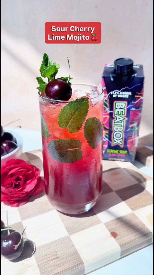 Summer sipping just got a little more refreshing 🍒🍋‍🟩🌿

Our Sour Cherry Lime Mojito brings together Xtreme Sour Black Cherry BeatBox, zesty lime, freshman for bright fruity drink that’s perfect for cooling down on a warm day. ☀️

Ingredients:

- mint leaves
- pitted cherries 
- 1oz Lime Juice 
- 1oz Tart Cherry Juice
- 3-4 Xtreme Black Cherry BeatBox

#BeatBoxbeverages #beatbox #cocktail #mojito #cherry