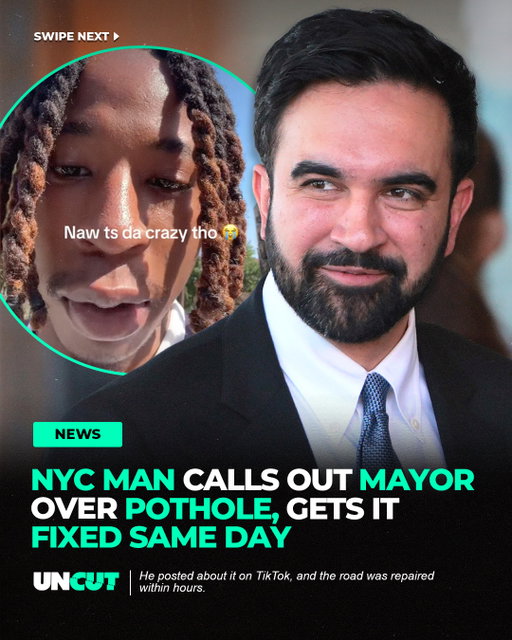 NYC man asked Mayor Zohran Mamdani to fix a pothole, and it was repaired within hours 😳⁠
⁠
He posted a follow-up TikTok showing the road fixed by the end of the same day 🛣️⁠
⁠
What do y’all think⁉️👀⁠
⁠
via: @sp3der_