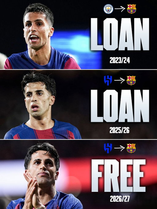 🇵🇹❤️💙 Joao Cancelo will now join FC Barcelona for the 𝐓𝐇𝐈𝐑𝐃 time… 

1️⃣ 2023/24 - Manchester City to FC Barcelona on loan 
2️⃣ 2024/25 - Al Hilal to FC Barcelona on loan 
3️⃣ 2026/27 - Al Hilal to FC Barcelona on permanent transfer 

Three Here We Go’s for Joao with Barca paying 𝐙𝐄𝐑𝐎 𝐓𝐑𝐀𝐍𝐒𝐅𝐄𝐑 𝐅𝐄𝐄𝐒,  now he is ready to make a longer impact with the Spanish champions. 

𝐂𝐀𝐍𝐂𝐄𝐋𝐎 𝐈𝐒 𝐁𝐀𝐂𝐊! 🥶🔙