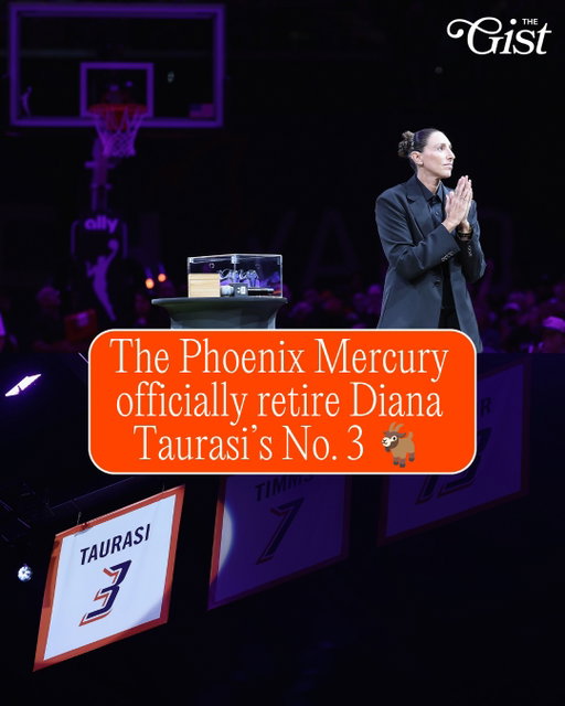 No. 3 heads up in the Phoenix rafters. 🐐⁣
⁣
Diana Taurasi, the WNBA's all-time leading scorer, had her No. 3 retired during Sunday's halftime ceremony in the desert. 🏀⁣
⁣
Widely considered one of the greatest women's players ever, Taurasi’s impact on the game endures: She's planning on joining the Mercury ownership group. The gift that keeps on giving. 🙂‍↕️⁣
⁣
Keep up with the all the latest in the WNBA by subscribing to our free, 4x-weekly sports newsletter over at the link in bio. 💌⁣
⁣
#womenssports #basketball #wnba