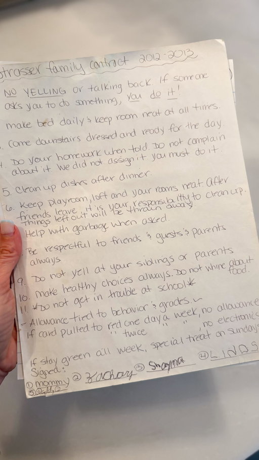 ✨MONDAY MOOD✨

Lindsay’s FDOC is today. 

Last night was the first “night before the first day of school” since 2012 that we didn’t have a family meeting and sign our family contract of expectations for the year. When Z went to college we continued it with the girls. When Shay left, we signed it with Linds. 🥺

I’m often asked about my parenting style in comments and my DMs and figured this was a great way to share.

PARENTING IS HARD. SO HARD. 

I didn’t have kids to make my life easier. I’ve said that since the day Z was born and I stand by it each and every day. It’s hard and consistent work. 

It’s so much easier to give in and say yes to your kids, especially when emotions are running high, but in my experience, kids need STRUCTURE,  DISCIPLINE, BOUNDARIES & lots of LOVE. 

I am not a perfect parent. Newsflash, none of us are. I have given in when I didn’t want to, gone back on my word and made bad decisions in the heat of the moment. But I strive to be the best I can be every day and with every situation that arises. Do I sometimes fail, YES, lots! We all do. But failure is growth. 

What I do know, is that whether they know it or not, kids actually thrive with rules. My kids were the last to get social media; they turned their phones into me for years at 9pm nightly; they had bedtimes in high school; they wore helmets bike riding when others didn’t… 

Their friends told them I was CRAZY and CONTROLLING etc. Was that hard for me/us?Absolutely. Did I care? Not one bit. 🤷‍♀️

Now, the big kids thank me for the boundaries that paved the way for them to be able manage and control their own lives when they went to college and live on their own.

Whatever parenting style you choose, my advice is be consistent. Be mindful. Try to think before you react. Think of me on your hardest days (in the midst of the chaos), in my quiet house. 

And remember, BE YOU. Only YOU know what’s right for YOUR family. Give yourself GRACE, LOVE EACH OTHER HARD and most importantly, enjoy the ride. 🫶