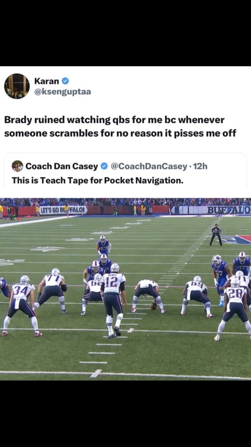 Tom Brady was a magician in the pocket 😮‍💨🐐

Brady’s pocket awareness was probably the best the NFL has ever seen. He wasn’t mobile, but he had an elite feel for pressure and rarely wasted movement.

He spent 20 seasons with the New England Patriots (2000–2019). In the regular season, he completed 6,377 of 9,988 passes (63.8%) for 74,571 yards, 541 touchdowns and 179 interceptions, posting a 97.0 passer rating and a 219–64 starting record. 

With New England, Brady also won three NFL MVP awards and helped lead the Patriots to nine Super Bowl appearances. His 2007 season was one of his best: 4,806 yards, 50 TDs, 8 INTs and a 117.2 passer rating. 

(@nfl)