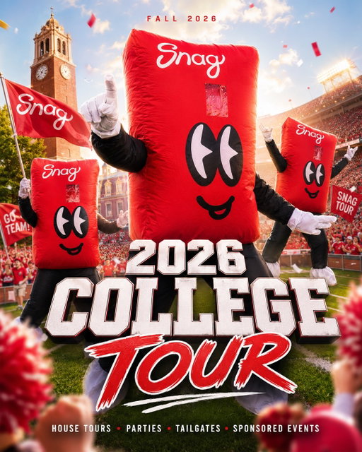 🔥 Snag College Tour Fall ‘26 🔥

Comment “SNAG” on this post to lock in your events for FREE DELIVERY ALL SEMESTER 🤑

The Snag Takeover is here and we’re coming to your campus to feature YOU ❤️ 

In a frat, sorority, or throwing an event you want showcased for FREE? 

Drop that comment and we’ll get our marketing team out there 🎉

We’ll have:
- Sorority/Frat House Tours 🏘️
- Snag sponsored frat parties 🤝
- Snag sponsored tailgates 🏈
- Surprise deliveries after class during the week
- & More!!

Comment “SNAG” and we’ll see you on campus this fall‼️