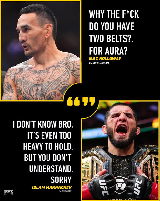 Islam Makhachev responds to Max Holloway asking why he was walking around with 2 belts at #UFC330