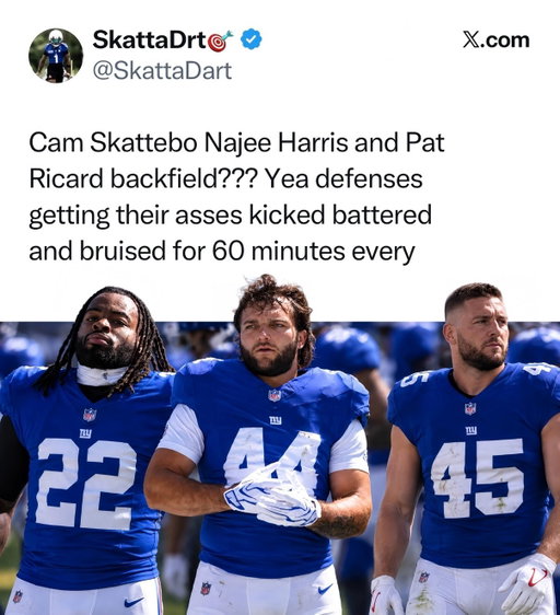 Hardest hitting backfield in NFL history? 🤔😳

Najee Harris is working out with the New York Giants today, and if this turns into something bigger, Giants fans could be looking at one of the most physical backfields the NFL has ever seen. Harris brings the power and downhill running style, while Cam Skattebo has already shown he’s built for contact and willing to punish defenders every time he gets the ball.

Then you add Patrick Ricard into the mix and this backfield becomes an absolute nightmare to tackle. Three players who thrive on physicality, power and imposing their will on defenders. If the Giants actually roll with Harris, Skattebo and Ricard together, opposing defenses better be ready for 60 minutes of straight-up punishment.