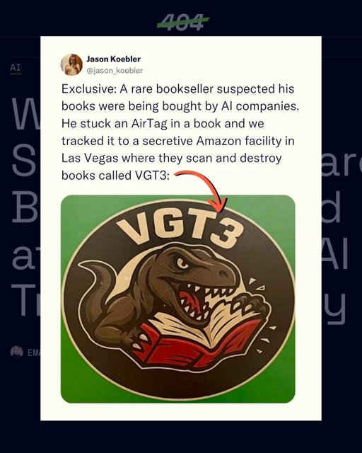 AI companies are eating books to train their AI models. As a result, one company just settled the largest class-action copyright lawsuit in history.

Learn more at @404mediaco