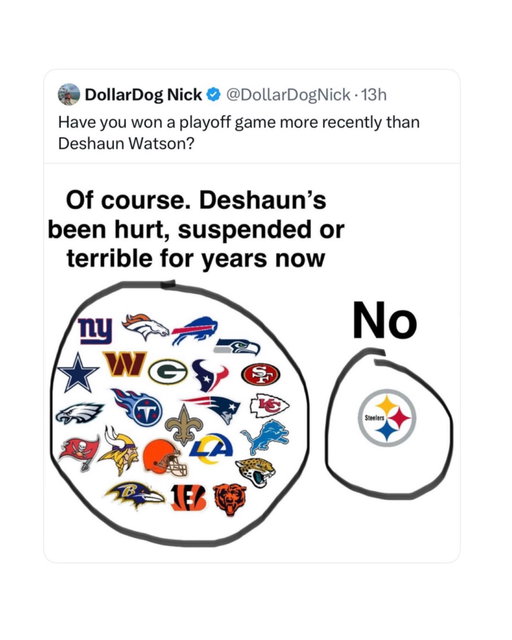 And they have been in the playoffs like every year 😂

The Steelers could be pretty rough in 2026, mostly because they’re in a weird transition period. Mike Tomlin is gone, Mike McCarthy is taking over, and 42-year-old Aaron Rodgers is expected to be the starting quarterback in what he has said will be his final NFL season. That’s a lot of uncertainty for a team that already hasn’t won a playoff game since the 2016 season. 

The biggest concern is the offense. Rodgers is obviously an all-time great, but relying on a 42-year-old QB is risky, and Pittsburgh’s offensive line already had some ugly moments in its preseason opener, giving up 10 pressures and three sacks. The Steelers also have to survive an AFC North with Baltimore and Cincinnati, so there aren’t many easy divisional games. 

That said, they might not be terrible. Pittsburgh actually crushed Green Bay 28-9 in its first preseason game, and rookie QB Drew Allar looked extremely promising, throwing for 153 yards and two touchdowns.  So I’d describe the Steelers as more “potentially mediocre” than outright awful. They could easily end up around 7–10 or 8–9 if the Rodgers experiment doesn’t work.