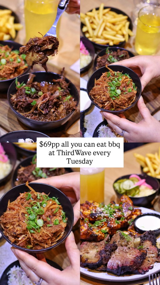 $69pp for 2 HOURS of UNLIMITED American BBQ?! Say less.

If you’re a BBQ meat lover, put this on your Tuesday food bucket list! Every Tuesday from 5:30pm, @thirdwavebbq does a 2-hour all-you-can-eat American-style BBQ for $69pp — and honestly, the value is SO good!

For the $69 option, you choose 3 slow-smoked meats to start, with choices including:
🥩 Brisket
🍗 Chicken
🔥 Chicken wings
🌭 Kransky sausage
🐷 Pulled pork
🥩 Pulled brisket birria

Then it gets even better — it comes with pickled veggies, extra-crunchy fries & coleslaw, and once you finish your first round, you can order more!

And the BRISKET was easily the standout for us — smoky, tender and absolutely delicious. Our other favourites were the pulled pork, chicken wings and pulled birria beef. We seriously couldn’t get enough!

They also have a great selection of tap beers, which pairs perfectly with all that smoky BBQ.

Basically, it’s a little American BBQ feast right here in Melbourne.

SAVE this for your next Tuesday night, and tag the friend who can seriously put away some BBQ! 

Thanks a lot @curiousxcharlie for accompanying me 

[invite]