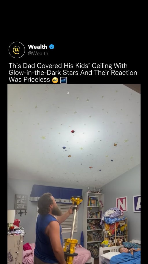 After working on their ceiling all day, this dad finally turned off the lights and revealed what he had been building. ✨🥲

Using an extension pole to reach across the ceiling, he carefully covered the room with hundreds of glow-in-the-dark stars, planets and other space-themed shapes. With the lights on, the full effect remained hidden. But the moment the room went dark, the ceiling transformed into a glowing night sky and his kids’ reaction said everything.

The effect comes from photoluminescent material, which absorbs energy from surrounding light and stores it temporarily. Once the lights are switched off, that energy is slowly released as visible light, allowing the stars and planets to glow without electricity, batteries or wiring.

The material typically shines brightest immediately after the lights go out before gradually fading over time, meaning the ceiling can create an immersive nighttime display with an incredibly simple idea.

For the kids, though, none of the science mattered. Their dad had just turned their bedroom ceiling into their own glowing universe.

Love Technology? Follow @Wealth 🌟

Media: @aerol_peterson

#technology #parenting #glowinthedark #science #family