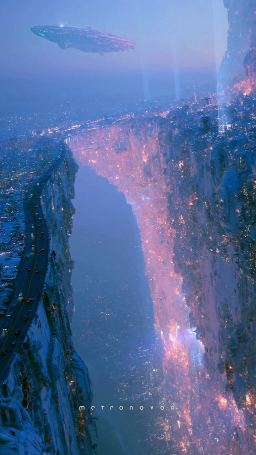 Here, the cliff rises higher than the sky.
Countless lives glow along its face, and from a distance, they look like stars set into the rock.
Every time I see it, the boundary between what people built and what was already here fades a little more.
It takes my breath away.
Perhaps this is what makes a city more than architecture — not standing on the land, but becoming part of its story.

—
What kind of future do you imagine?
—
Part of an ongoing sci-fi story
about futures yet to be written.