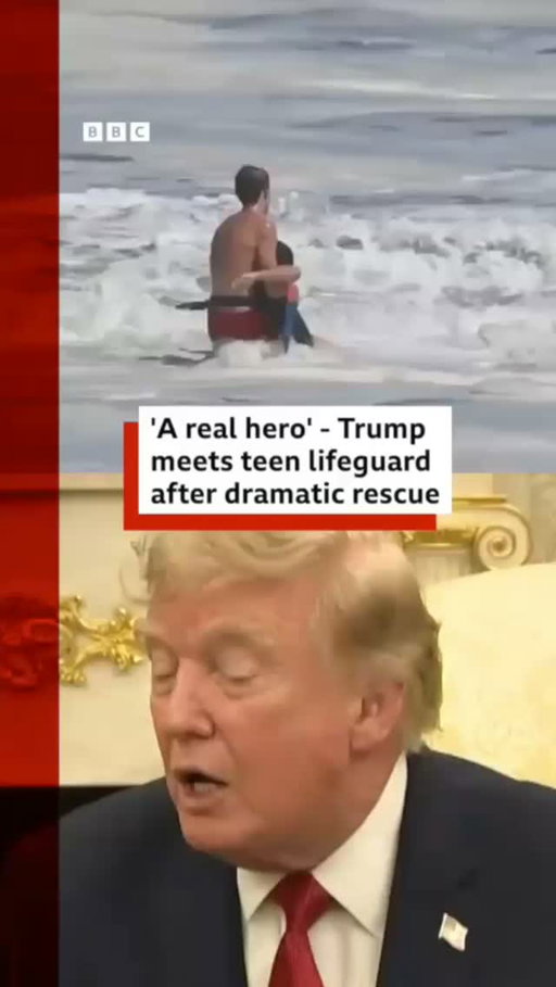 US President Donald Trump hosted Ryder Williams at the White House after the 16-year-old lifeguard rescued 10-year-old Nathaniel Rai from a beach in California on 25 July.
 
The president also met Rai, who had been swept about 15 yards (13.7m) offshore when Williams reached him, with several beachgoers also joining the rescue.
 
Tap the link in @BBCNews's bio to watch more videos.
 
#BBCNews
