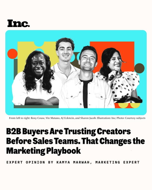 The B2B creator economy is scaling, and these 4 are right in the middle of it. 🔥

@kamya.marwah from @incmagazine brought together @vinmatano , @aj_eckstein , @roxycouse + @thedigitalbuff to talk about where the space is headed.

Different paths. Different audiences. Different corners of the creator economy.

Swipe to read a snippet of each of their takes. 👀

@vinmatano is building on both sides of the B2B creator economy, as a creator and as the founder of 
@creatorbuzzco , a 7-figure B2B influencer marketing agency.

All while becoming one of the most recognizable storytellers in the space himself. 🙂‍↕️

@aj_eckstein built a business around a category people told him wasn’t real. Now his company manages eight figures in creator spend.

Founder of Creator Match 🧩, AJ went from advocating for overlooked @linkedin creators to building full-stack creator programs for some of tech’s fastest-growing brands.

Roxy Couse turned “The Millennial Manager” into a community of 680K+ people, and then built a mission around it. 🔥

Creator, founder of @sloefy , and the voice behind one of the most recognizable workplace communities online, Roxy is now on a mission to help professionals turn their expertise into visibility, opportunity, and personal brands of their own.

Sharon Jacob - Marketer, AI Product Manager + Founder of @thedigitalbuff, has helped shape marketing across brands like Dyson, Johnson & Johnson and Whirlpool, while building a 16K+ community of her own. 💚

She’s on a mission to help people make sense of what’s changing, and what matters next, across marketing, product innovation and AI.