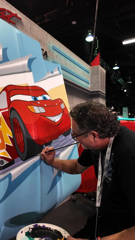 🙂‍↕️ @trevorcarltonart brought Radiator Springs to the @chevrolet booth with these paint jobs! #D23: The Ultimate Disney Fan Event @disneyd23 

Ramone & Flo - vintage Impala hood
Lightning McQueen - vintage Nova hood
Tow Mater - vintage Suburban hood