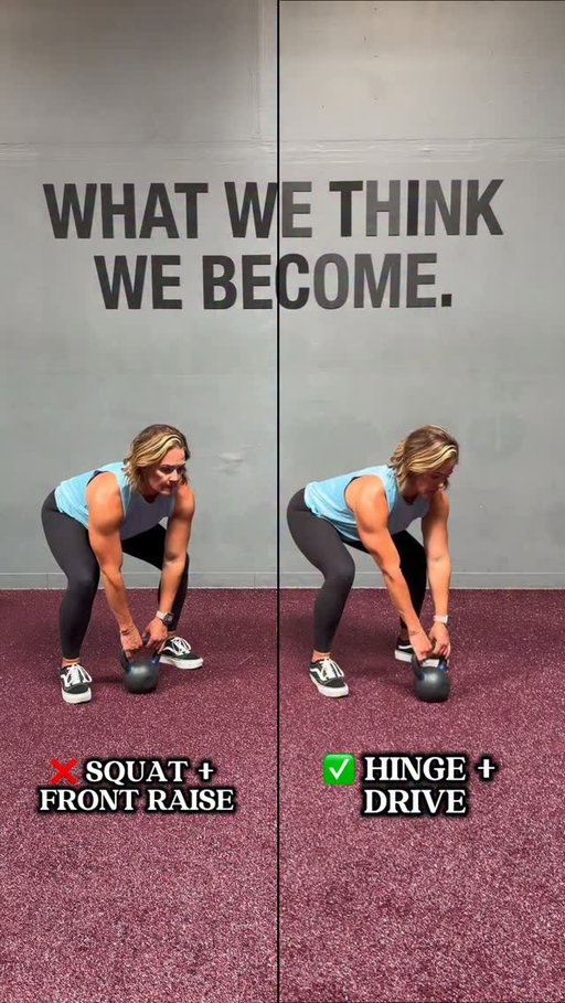 A kettlebell swing is a hinge, not a squat. 

Think about pushing your hips back, then driving them forward to create the momentum that moves the kettlebell. Your arms are along for the ride- they shouldn’t be doing the heavy lifting.

Hinge + drive. Let your hips do the work. 🔥💪

Try this on your next set and see if you feel the difference.