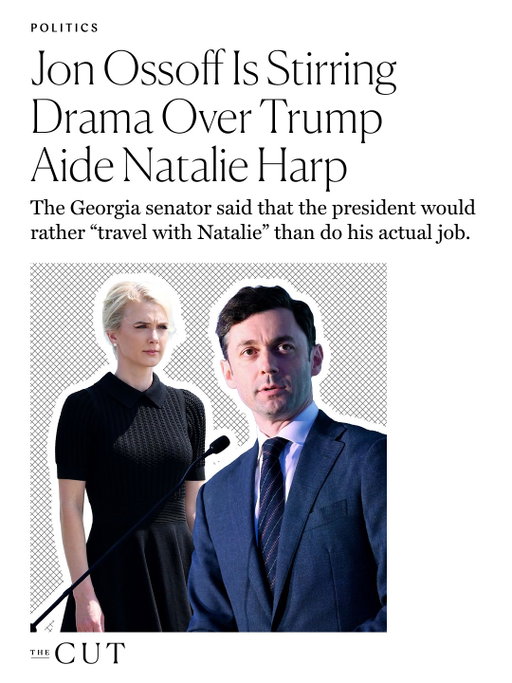 Democratic senator Jon Ossoff is calling out the president’s close relationship to Natalie Harp, and it's causing quite the dustup in the Trump administration. 👀

During a recent rally in Atlanta, Ossoff told a crowd that Trump would rather "build his ballroom and travel with Natalie on their apparently defenseless flying palace” than "do the job." Harp, who's worked in the White House since 2022, has been deemed the president's right hand and "human printer," a nickname she earned because she reportedly follows Trump around with a portable printer to hand him physical copies of flattering stories.

Well, the White House isn't too happy about Ossoff invoking Trump and Harp's tight relationship. At the link in bio, find out how the president and administration officials are reacting to the callout, and catch up on Trump and Harp's years-long history.