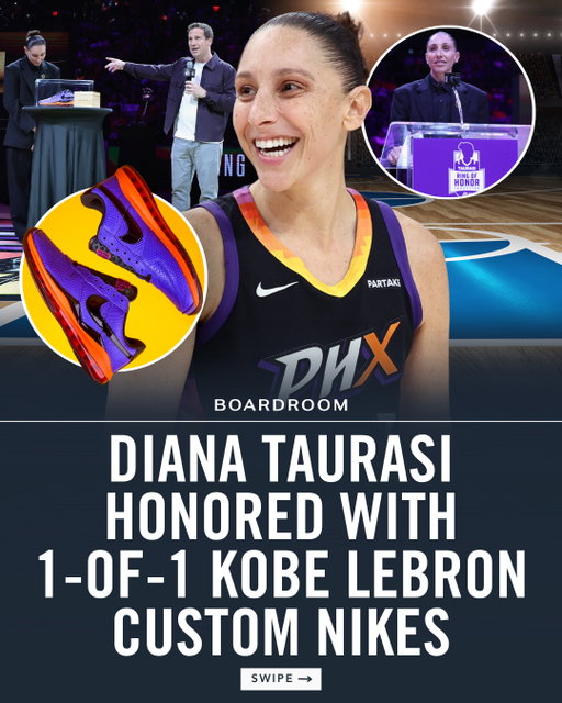 Diana Taurasi's Hall of Fame-worthy career just got a one-of-a-kind tribute.⁠
⁠
The Phoenix Mercury honored the franchise legend with a custom pair of Nike sneakers for her Ring of Honor induction, blending design elements inspired by Kobe Bryant and LeBron James to reflect her 'White Mamba' nickname and longtime connection to LeBron's signature shoes.⁠
⁠
The celebration also included the retirement of Taurasi's No. 3 jersey, cementing the WNBA's all-time leading scorer and three-time champion as one of the greatest players in league history.⁠
⁠
(🎥: @phoenixmercury, 📸: @vickalmighty)