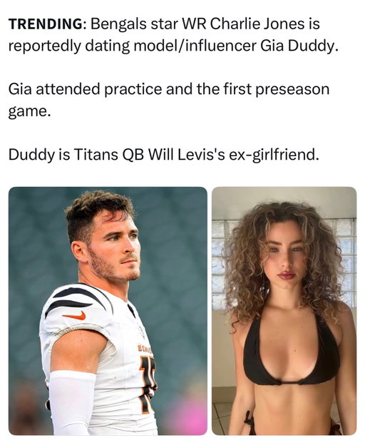Fairs bro 👀

Gia Duddy used to date NFL quarterback Will Levis, with the two starting their relationship in 2021 while they were in college. They stayed together as Levis transferred from Penn State to Kentucky and Duddy continued supporting him throughout his college football career. 

Duddy became especially well known during the 2023 NFL Draft, when she sat next to Levis while he waited to be selected. She went viral on social media that night, and their relationship suddenly got a lot more attention from football fans. 

The couple eventually split in September 2023, a few months after Levis was drafted by the Tennessee Titans. They had been together for roughly three years, making Duddy one of the people most associated with Levis during the beginning of his NFL career.